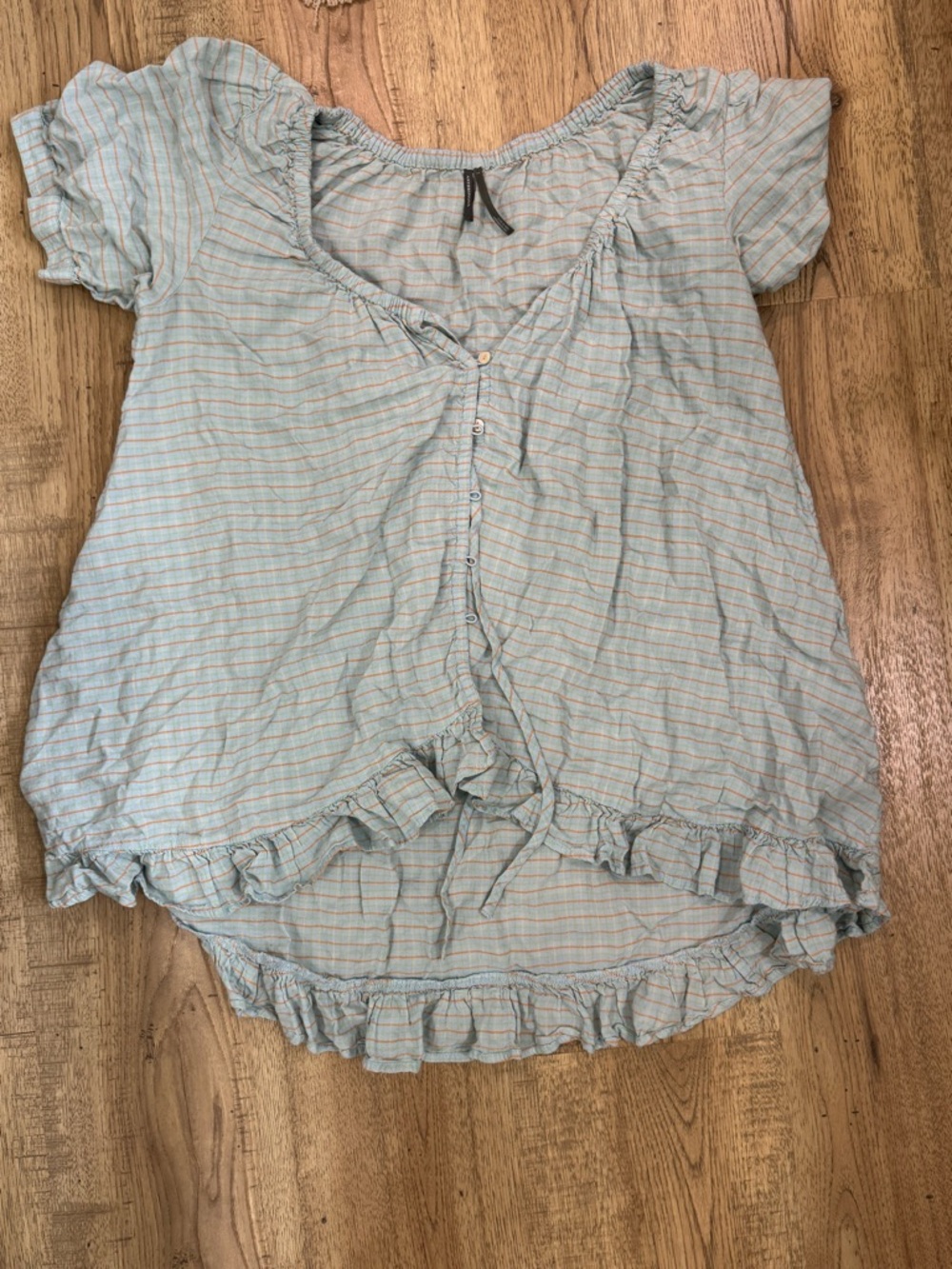 Anthropologie Pale Blue Striped Ruffle Button-Up Blouse